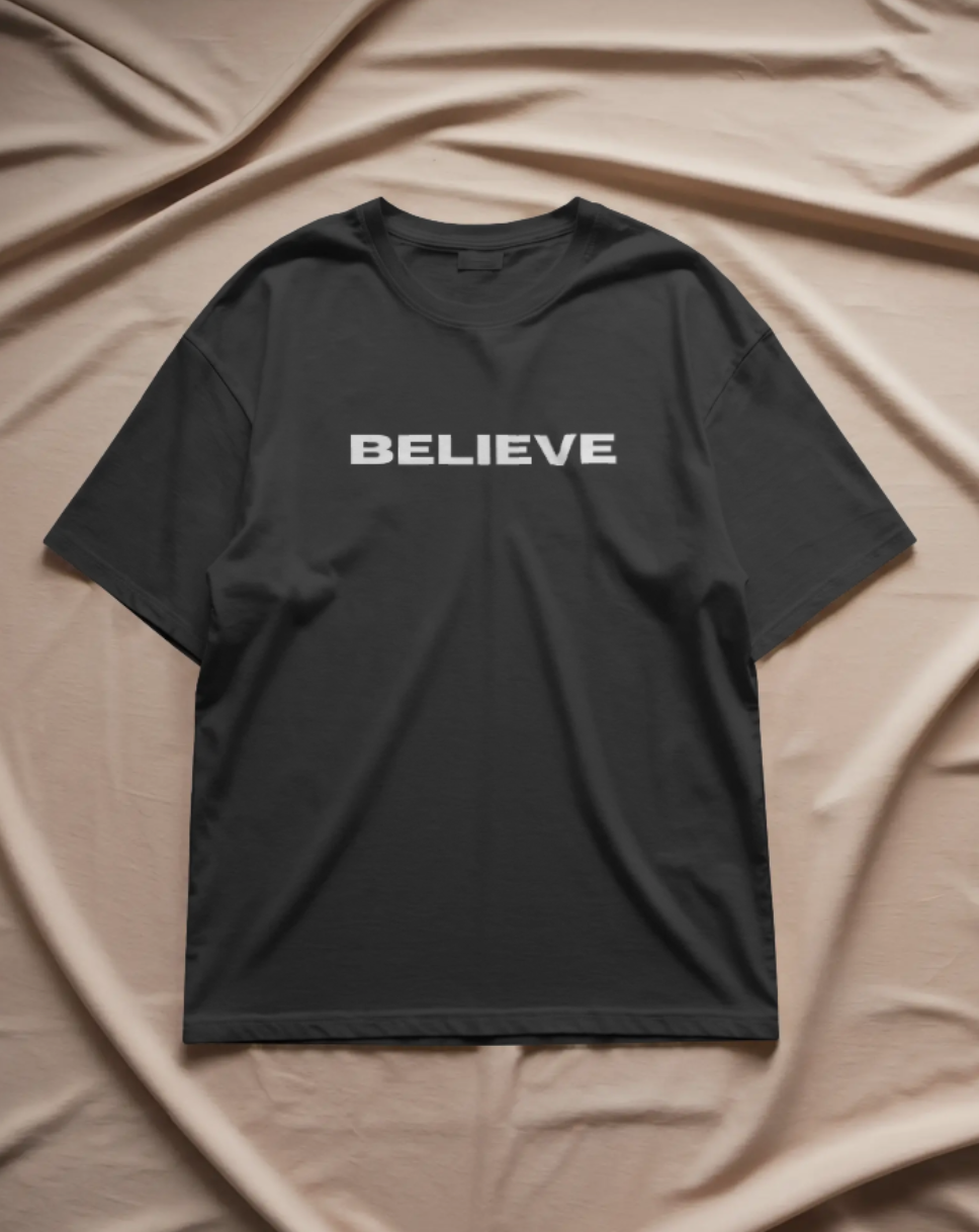 BELIEVE, Premium oversized black T-shirt made from 200 GSM pure cotton 