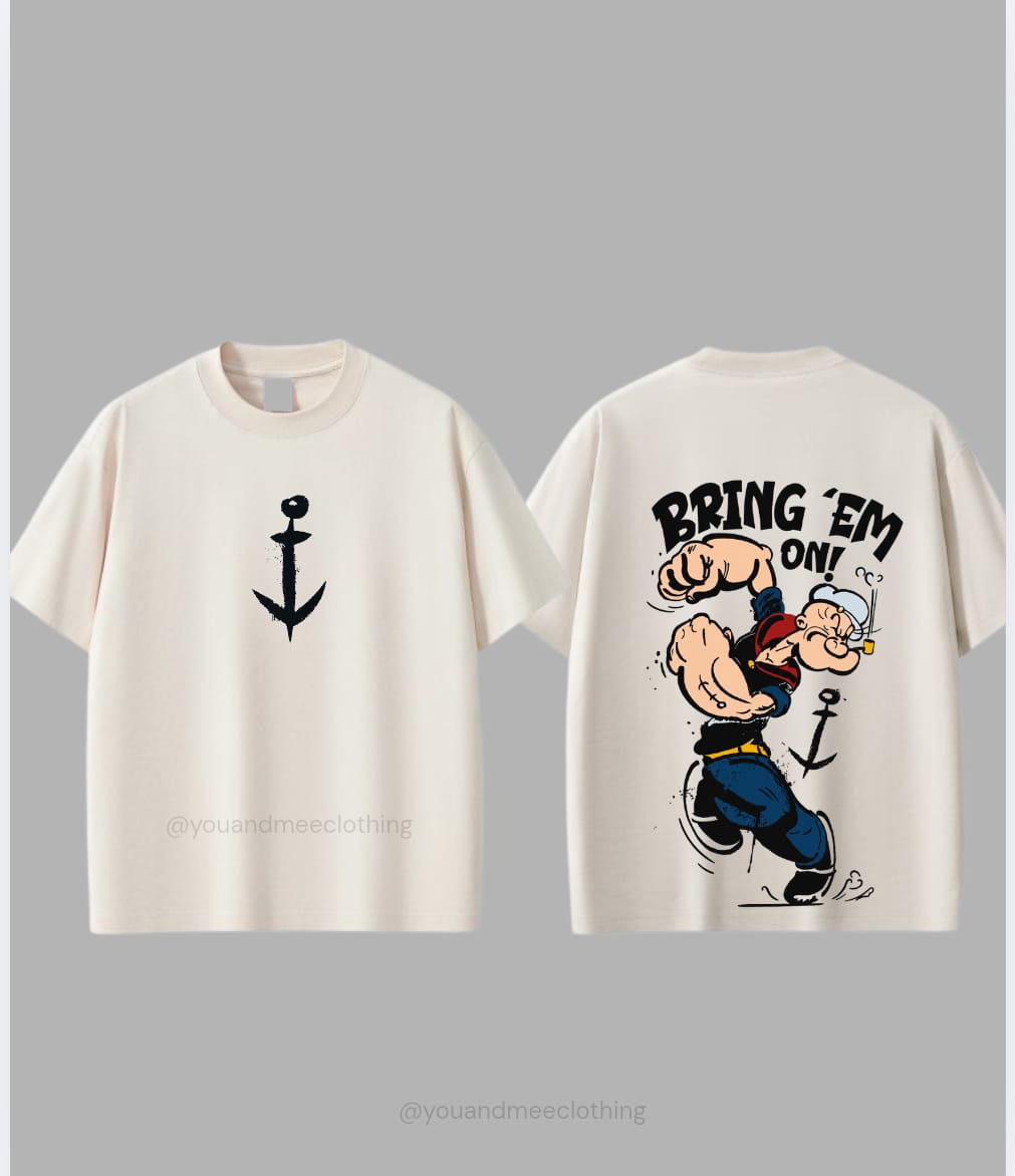 Popeye “Bring ’Em On” Oversized Off-Shoulder T-Shirt – 200 GSM Pure Cotton